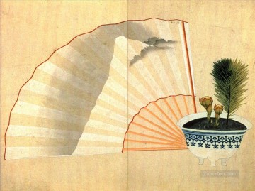 Japanese Painting - porcelain pot with open fan Katsushika Hokusai Japanese